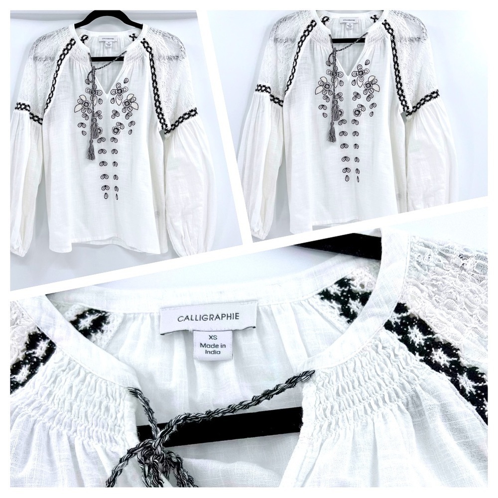 Anthropologie  Calligraphie White Black Floral Embroidered Bohemian Lace Blouse